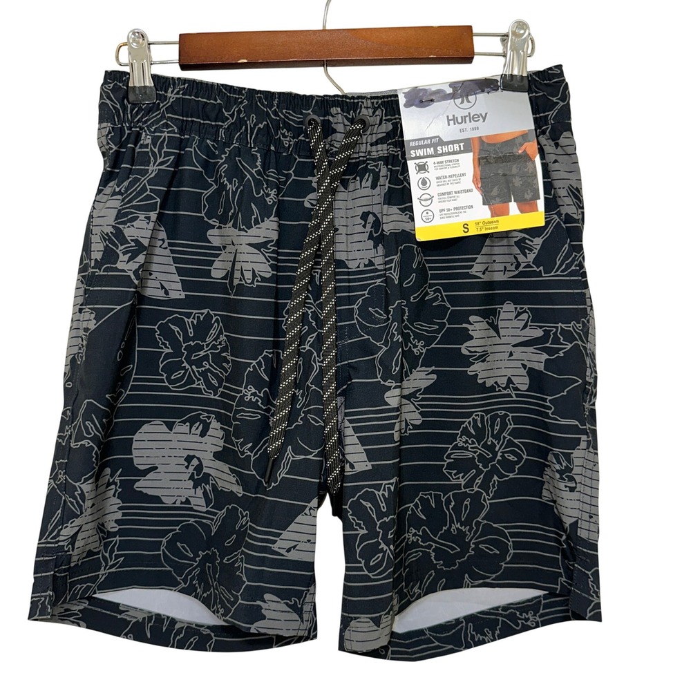 Hurley Swim Short Men Small Black New Floral 4-Way Stretch Water Repellent UPF50